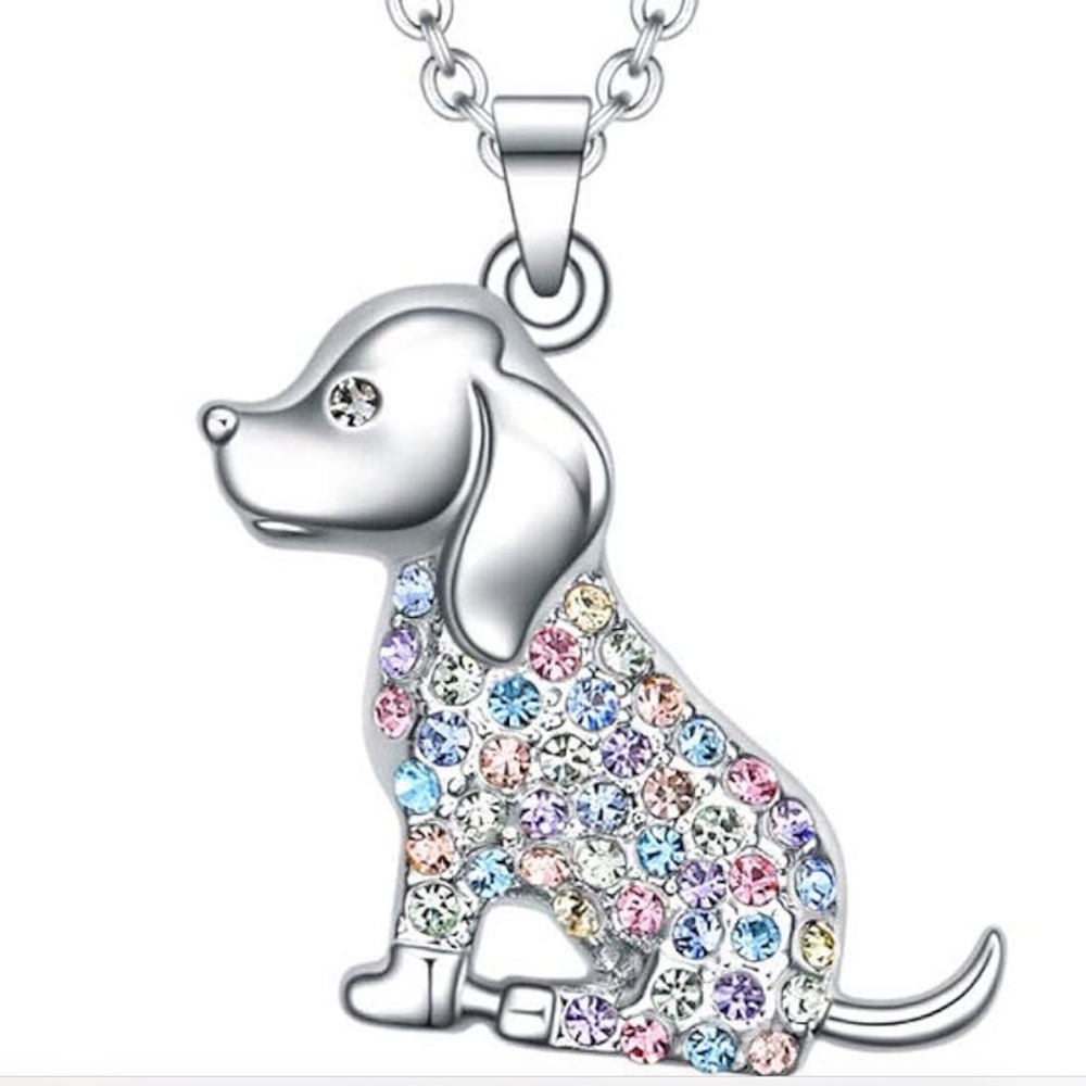 Silver Dog Pendant Necklace with Multicolor Crystals